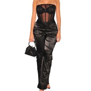 Kaylee Kollection Black Strapless Boned Bustier Silky Cargo Jumpsuit medium